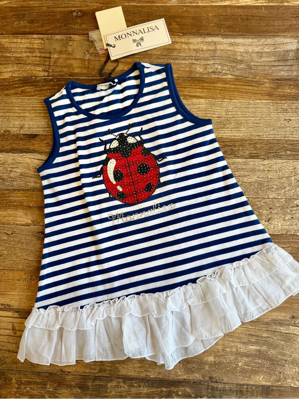 MonnaLisa Blue & White Striped Tank Top with Red Sequin Ladybug 6Y